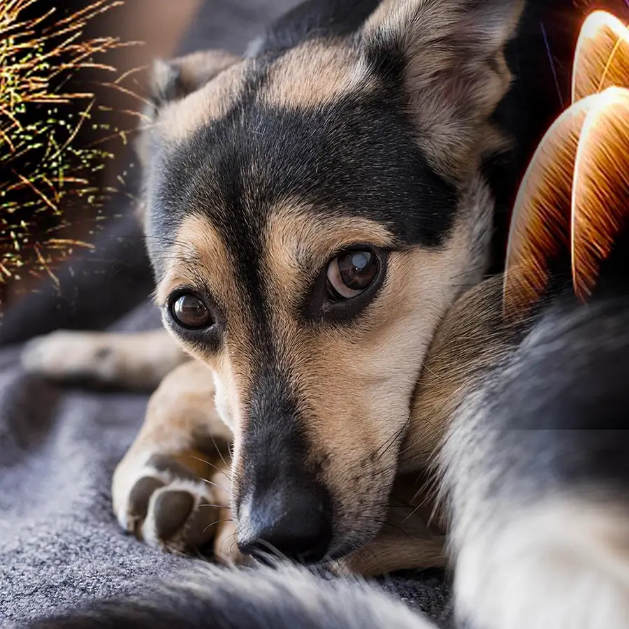 Hund ängstlich zusammengerollt auf Decke